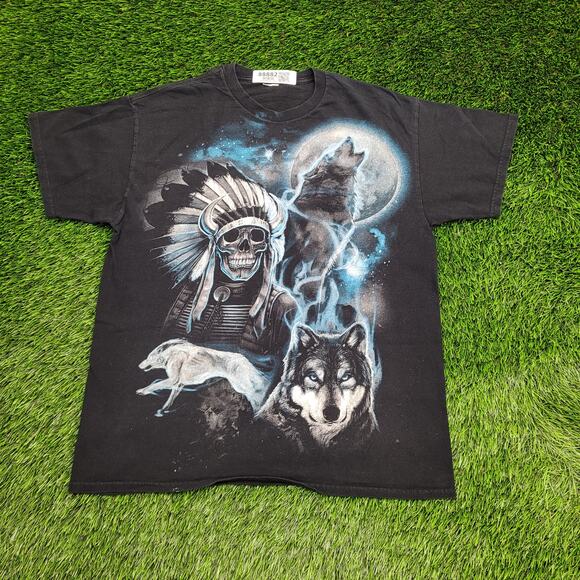 Y2K Wolf Skull Graphic Tee with Headdress & Full Moon T-Shirt Mens Large - Picture 1 of 13